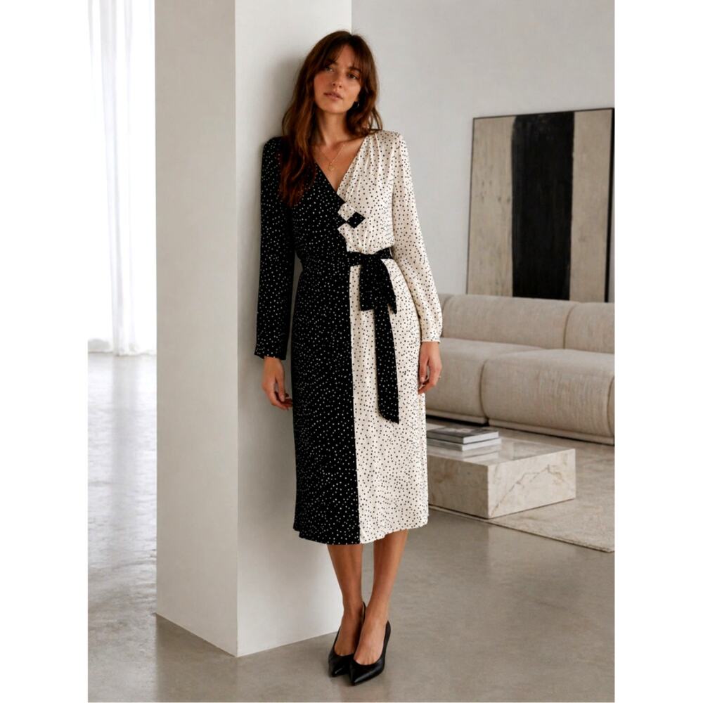 Flora Kung New York 8 100% Silk Polka Dot Dolman Sleeve Dress Black Cream 1980s